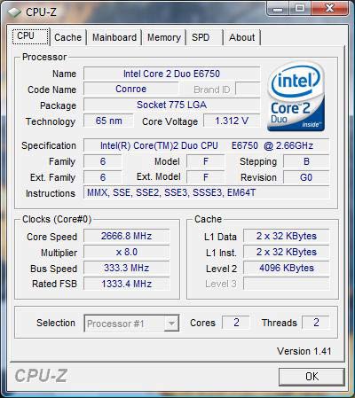 cpu-z Intel Core 2 Duo E6750