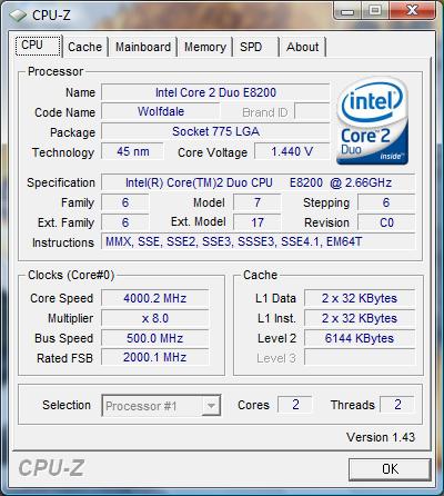 cpu-z oc Intel Core 2 Duo E8200
