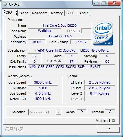 cpu-z oc Intel Core 2 Duo E8200