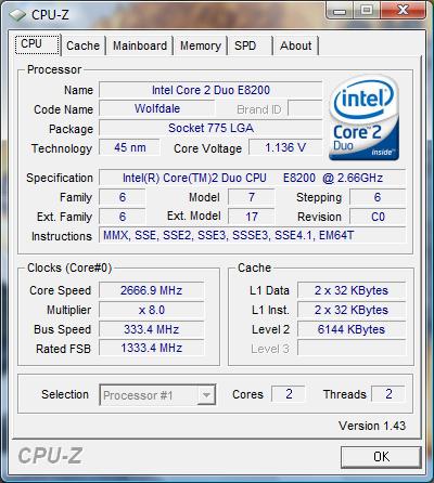 cpu-z Intel Core 2 Duo E8200