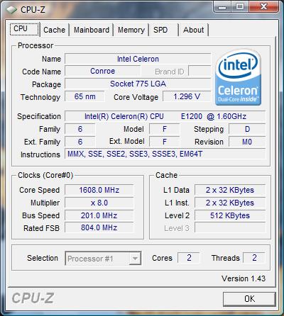 cpu-z Intel Celeron Dual-Core E1200