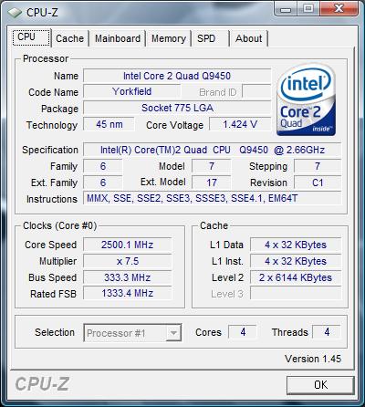 cpu-z Intel Core 2 Quad Q9450 2500