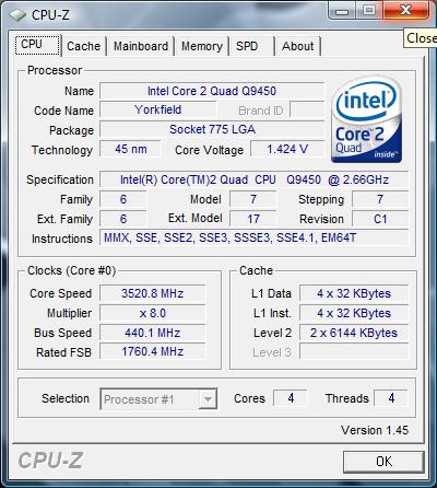 cpu-z Intel Core 2 Quad Q9450 OC