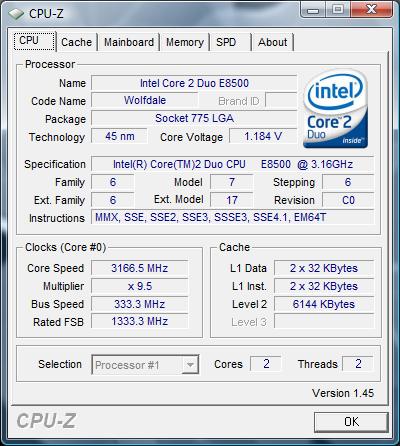 cpu-z Intel Core 2 Duo E8500