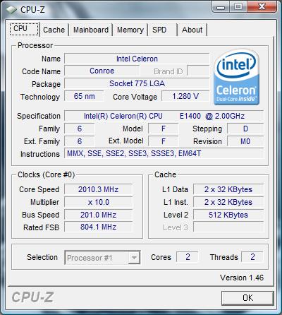 cpu-z Intel Celeron Dual-Core E1400