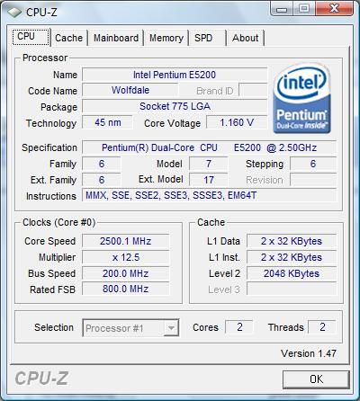 cpu-z Intel Pentium Dual-Core E5200