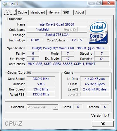 cpu-z Intel Core 2 Quad Q9550