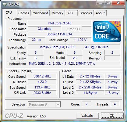 cpu-z Intel Core i3-540