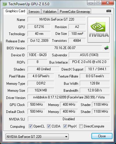 gpu-z ASUS BRAVO 220 SILENT/DI/1GD2(LP)