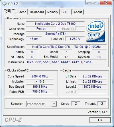 cpu-z intel Mobile Core 2 Duo T8100