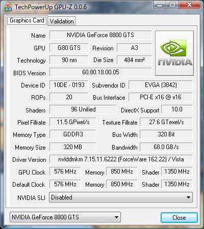 gpu-z EVGA e-GeForce 8800GTS 320MB Superclocked