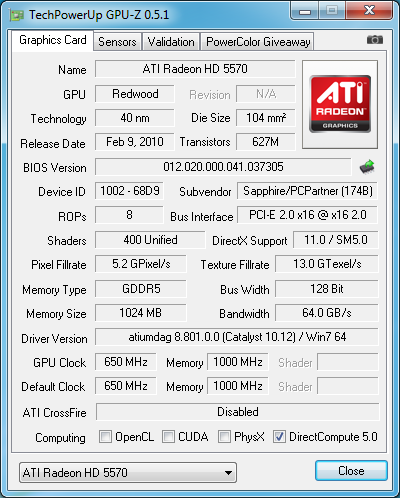 gpu-z Sapphire Radeon HD 5570 XtendTV