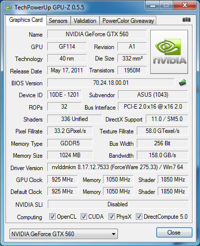 gpu-z ASUS GeForce GTX 560 DirectCU II TOP