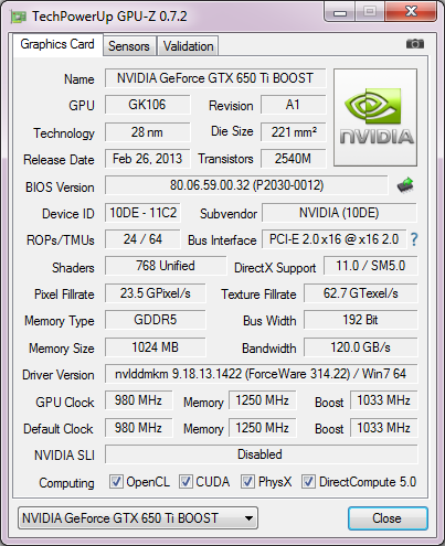 KFA2 GeForce GTX 650 Ti BOOST 1GB